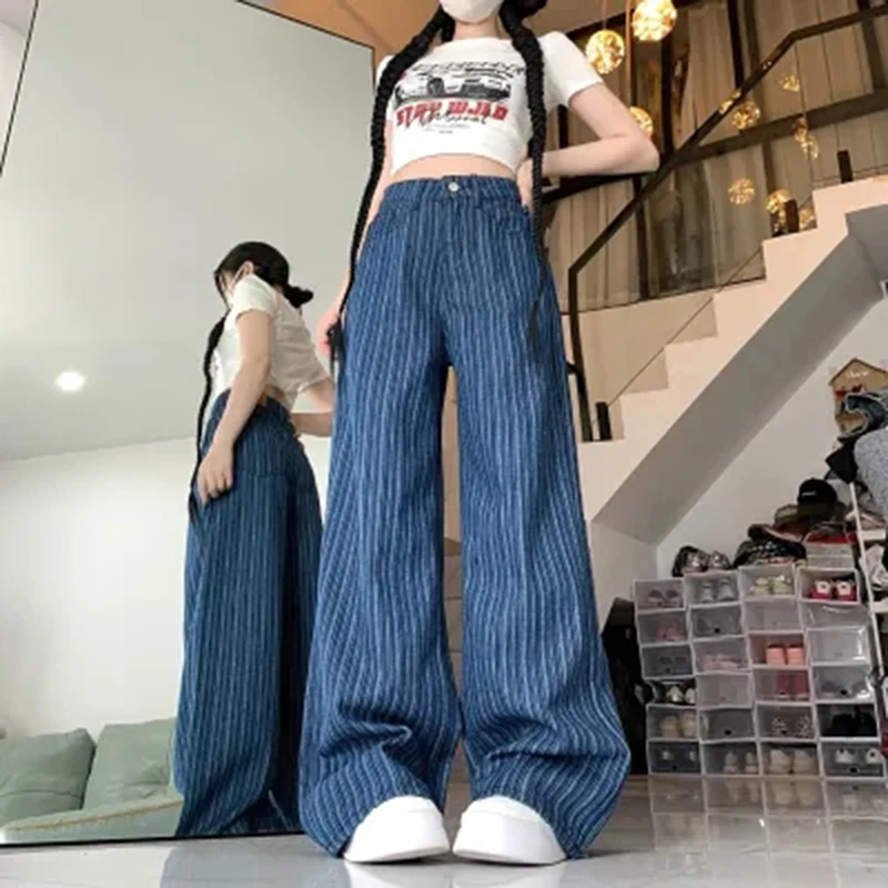 

Американские винтажные полосатые джинсы, женские свободные повседневные джинсовые брюки с высокой талией, синие уличные прямые брюки на весну и осень