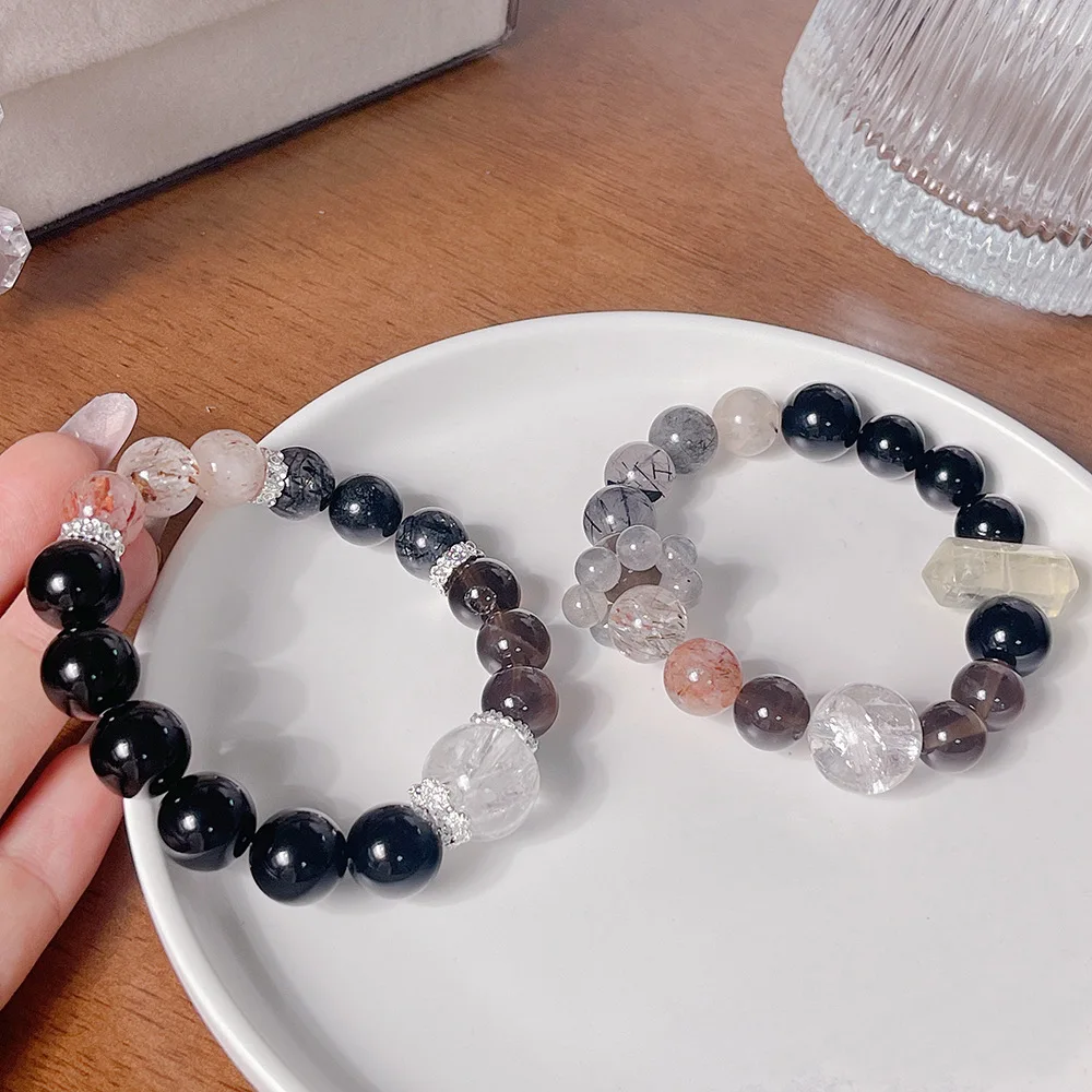 خمسة عناصر نقص المياه للنساء حجر السج الطبيعي الأسود سوبر سبعة الشاي كريستال متعدد الكنز سوار التوازن الطاقة #2