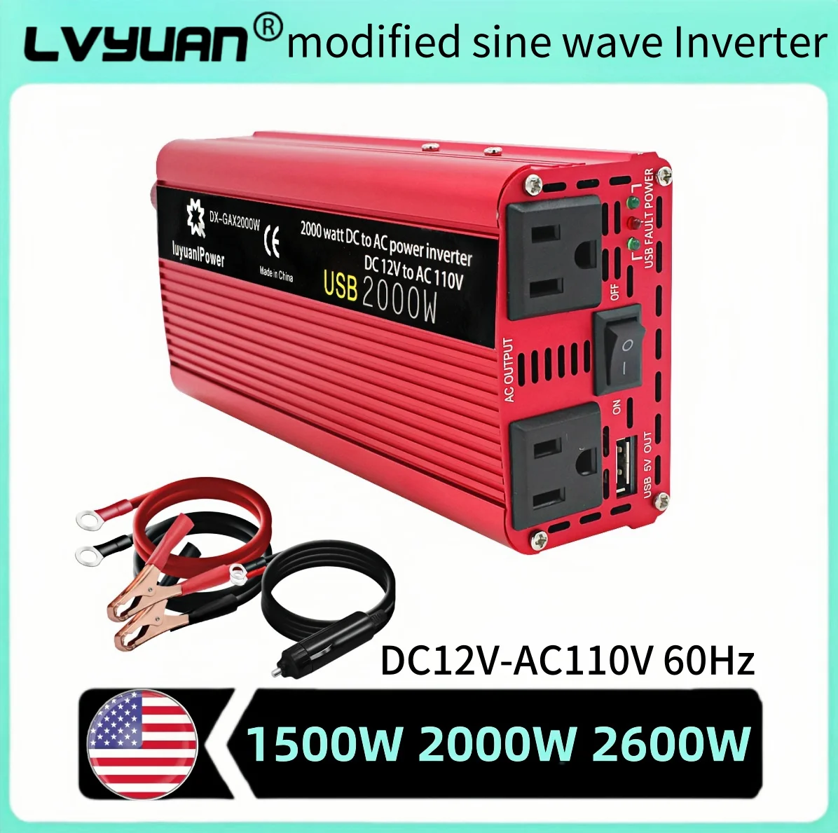 AC110V Power Inverter DC/AC 12V to 120V Car Inversor US Standard Socket 60Hz Outdoor Battery Adapter