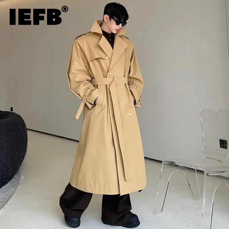 

IEFB Autumn Winter Korean Men's Trench Versatile Thickened Cotton Double Breasted Shoulder Padded Windbreaker Oversize 9C7545