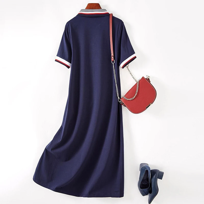 2024 Summer New Style Temperament Leisure Versatile Sports Dress Polo Collar Contrast Color Slim Long Skirt Women