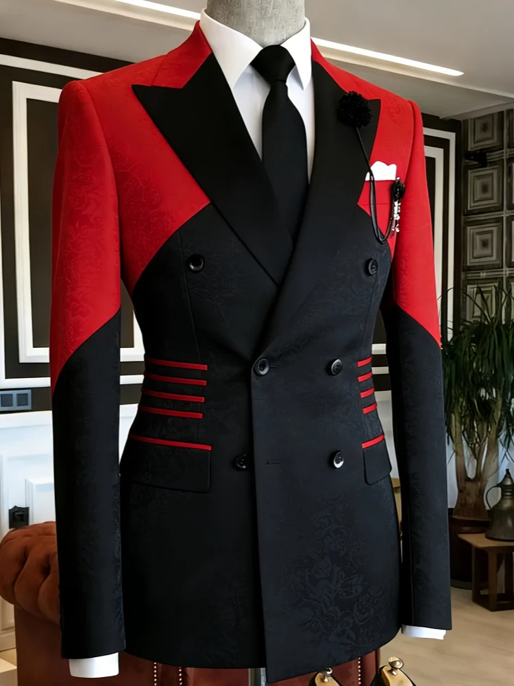 Men Luxury Gentleman Casual Business Blazer Slim Fit Red Black Splice Double Breasted Formal Wedding Groom Party Tuxedo Jacket