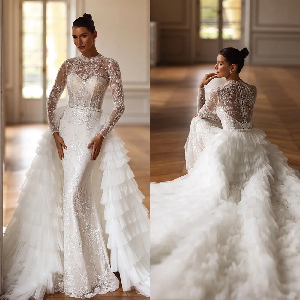 

Fashion Wedding Dresses Sequins High Neck Bridal Gowns with Detachable Train Mermaid Customized Bride Vestidos De Novia