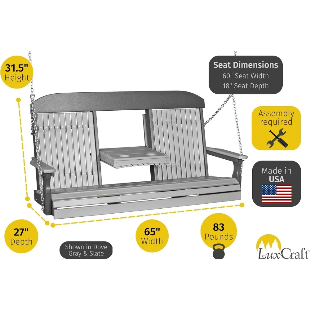 5' Poly High Back Classic Porch Swing with Flip Down Center Console, Made with Recycled Plastics