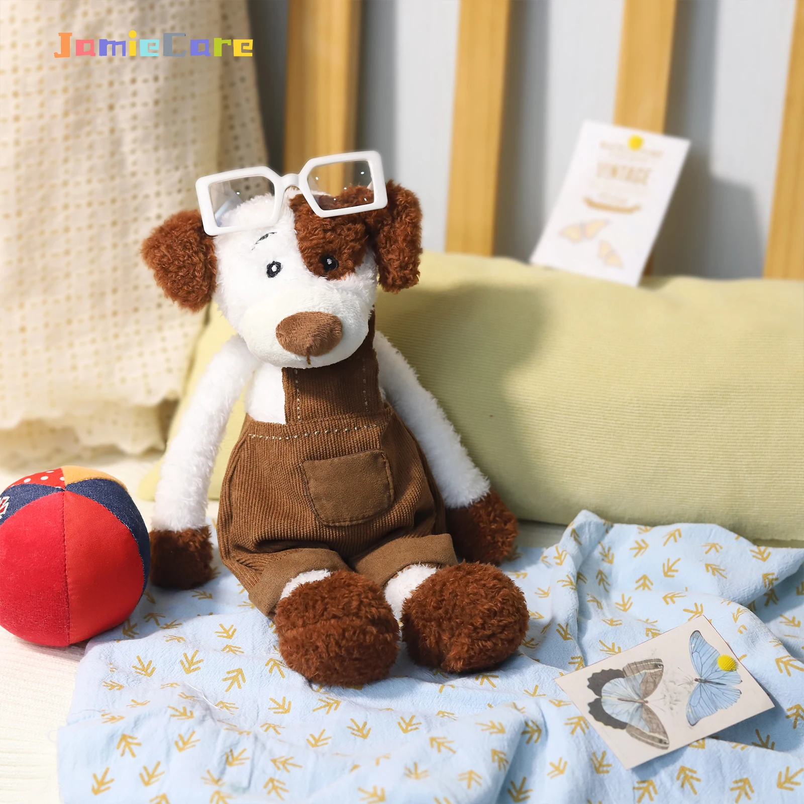 30 cm entzückende Welpen-Plüschpuppe in braunem Cord-Overall, weiches Stofftier für Kinder, Geburtstagsgeschenk, Heimdekoration