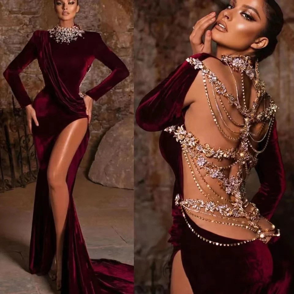 

Luxury Long Train Velvet Crystals Back Evening Dresses WithHigh Split High Neck Long Sleeves Mermaid Ruffles Prom Gown