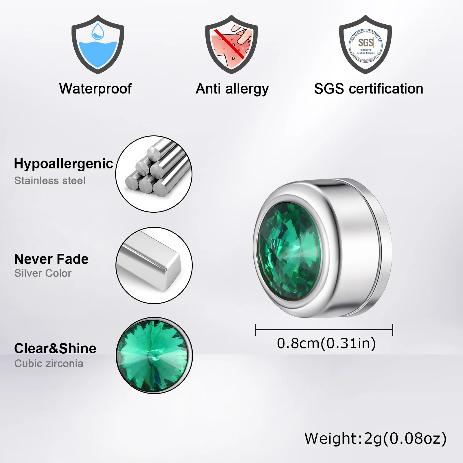 Vnox Magnetic Zircon Stud Earrings for Men, 8mm Stainless Steel Non-Pierced Clip Earrings, Hypoallergenic Punk Rock Jewelry Gift view 4