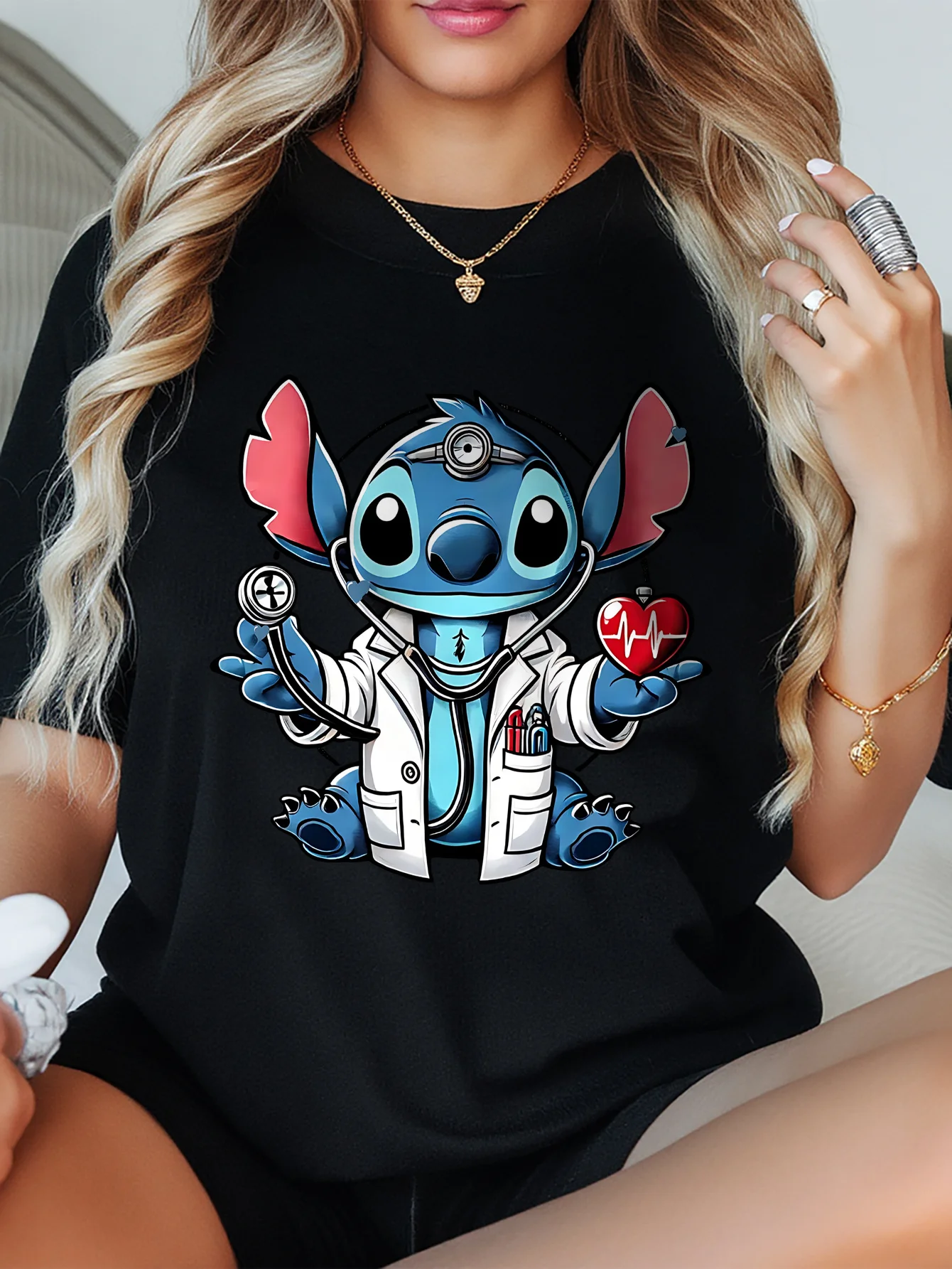

Stitch Graphic Printing Summer Autumn Winter Pure Cotton Men's and Women's T-shirts Short Sleeves Luxury Outdoor Sports Brand