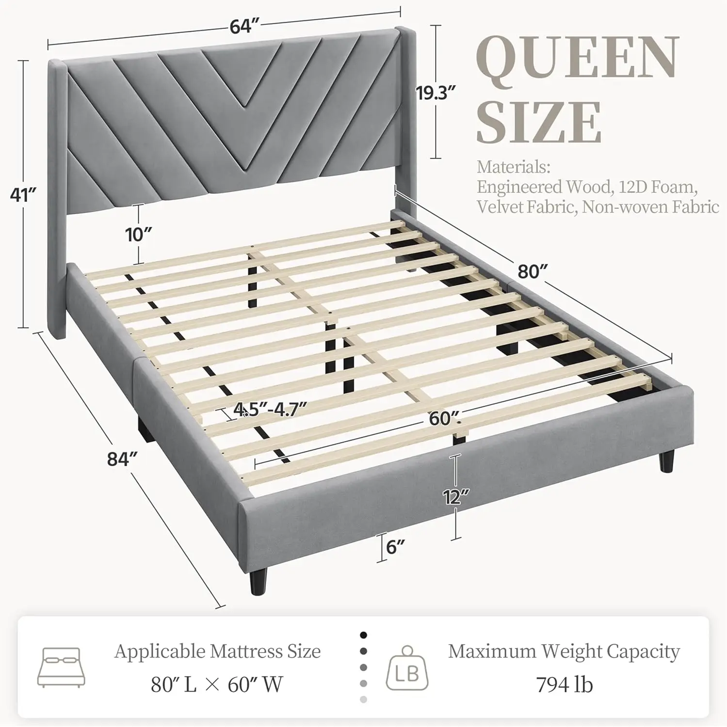 Queen Bed Frame Upholstered Platform Bed with Wing Side/Wooden Slat Support/Tufted Headboard with Wing Side/Mattress F