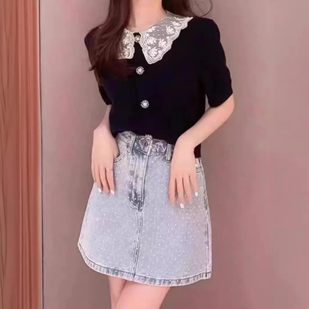 

High-End European Sle Briti Small Spring Summer k Blue Lace Trim round Ne ort Sve ort Knitted Sweater