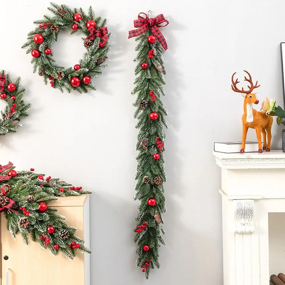 

DIY Artificial Christmas Wreath Bowknot Pinecones Xmas Tree Garland Vibrant Red Berries PVC Wall Hanging Floral Wreath