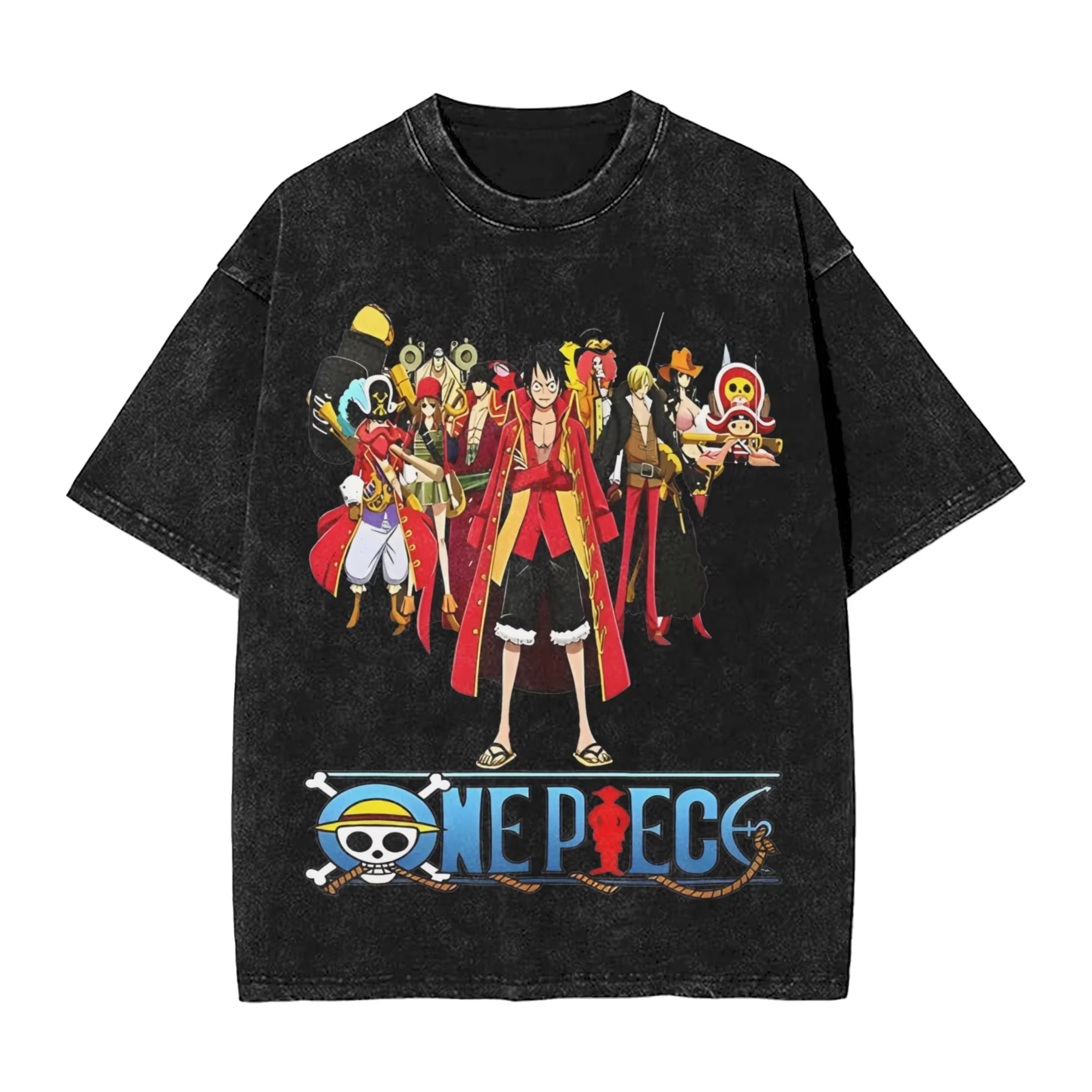 Camiseta con estampado con dibujo de One Piece de Anime en algodón lavado, ropa de calle Unisex, manga corta lavada Vintage de gran tamaño