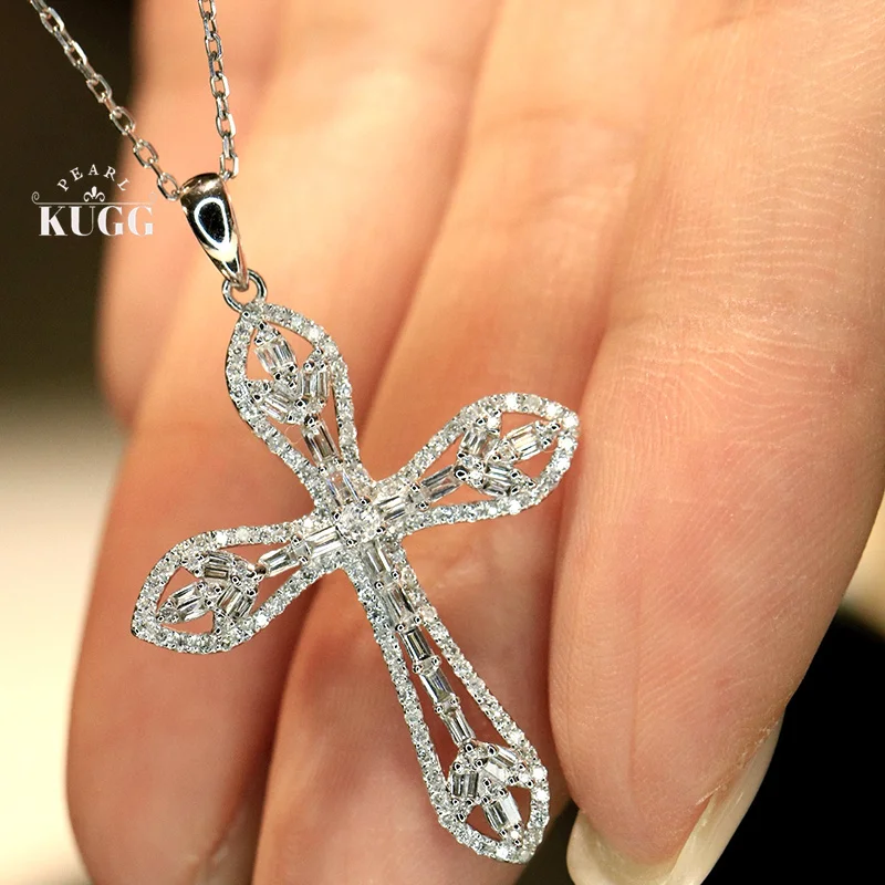 

KUGG 100% 18K White Gold Necklace Women Elegant Cross Pendant 0.60carat Real Natural Diamond Necklace High Wedding Jewelry