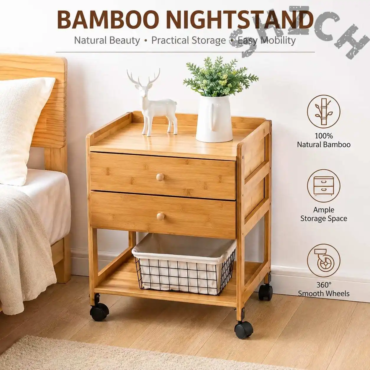 Bamboo Minimalist Nightstand – Compact Multi-Functional Side Table for Bedroom, Living Room & Small Spaces