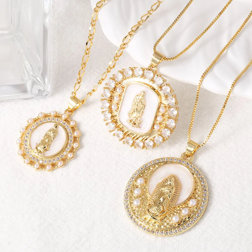 FLOLA Large Round Disc Virgin Mary Necklaces for Women Gold Plated Amulet Necklaces Crystal Jewelry collar de guadalupe nkep49