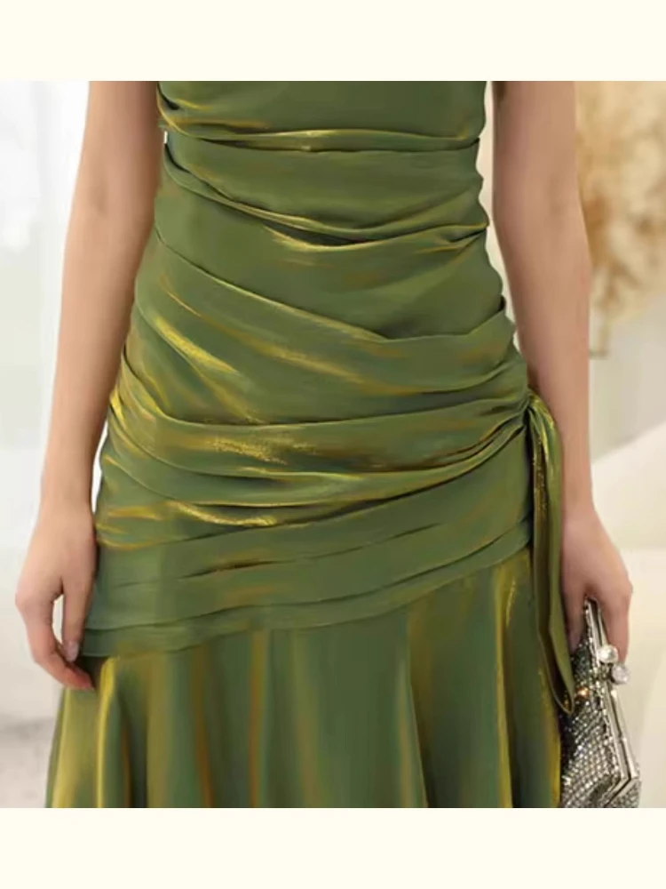 فساتين بحمالات خضراء بدون أكمام لصيف 2025 فستان سهرة طويل فرنسي أنيق فاخر وكشكش مقسم بذيل السمكة النحيف للنساء #6