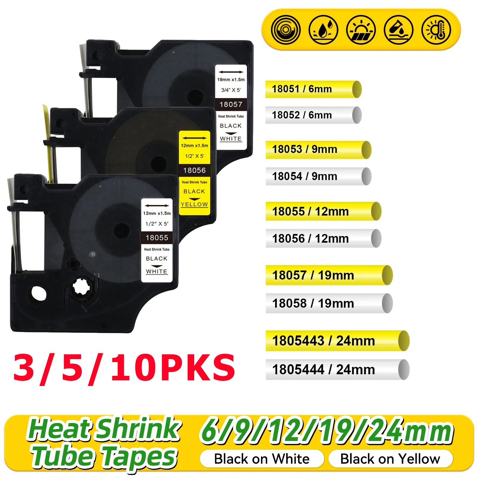 

3/5/10PKS 18051 18052 18053 18054 18055 18056 18057 18058 Rhino Heat Shrink Tube Tape for Dymo Label Maker 5200 4200 6000 5000