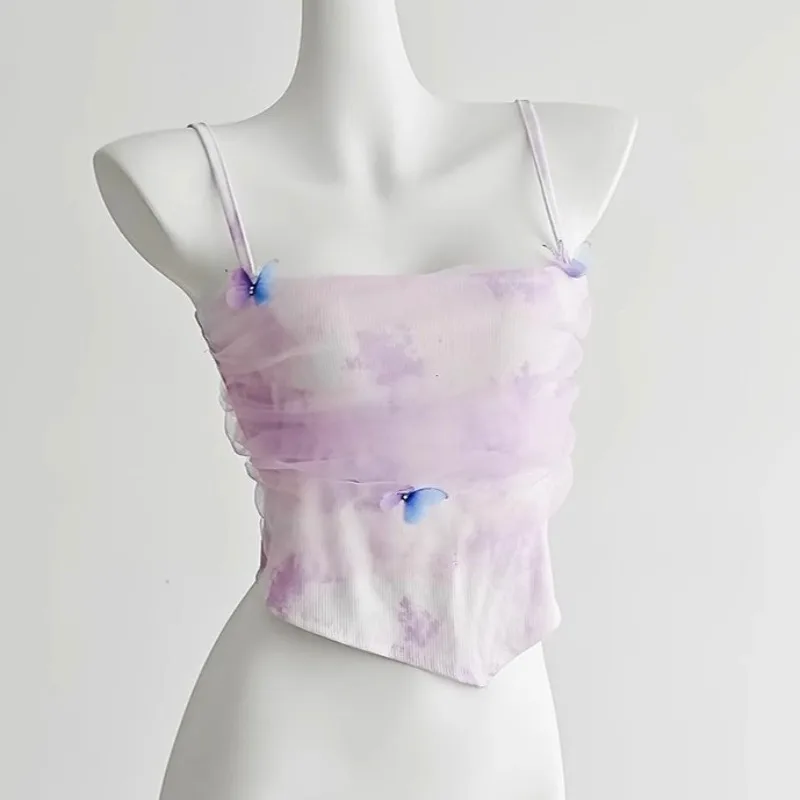 

Butterfly Mesh Camisole Vest Y2K Girls Hotsweet Tanks Outfit Summer Women's Irregular Short Top Slim Versatile Dating Streetwear