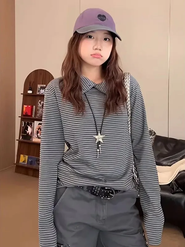 

Женская приталенная полосатая рубашка больших размеров с длинным рукавом на пуговицах в корейском стиле для повседневной носки, зимняя коллекция