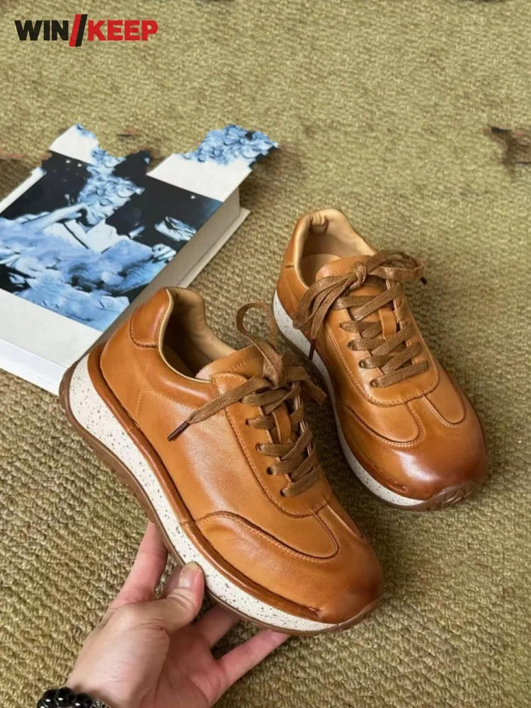 Women New Comfortable Sneakers Lace Up Cowhide Genuine Leather Thick Platform Running Shoes Vintage Casual Female Sport Trainers