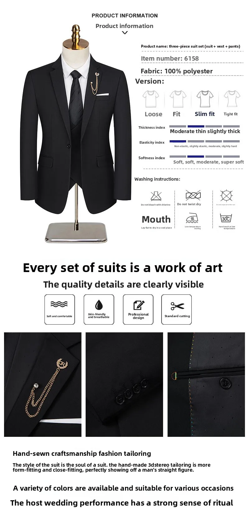 Plus Size Tailored Wedding Groomsmen Suit Three-Piece Set Interview Formal Wear Conference Professional Outfit Suits for Men
