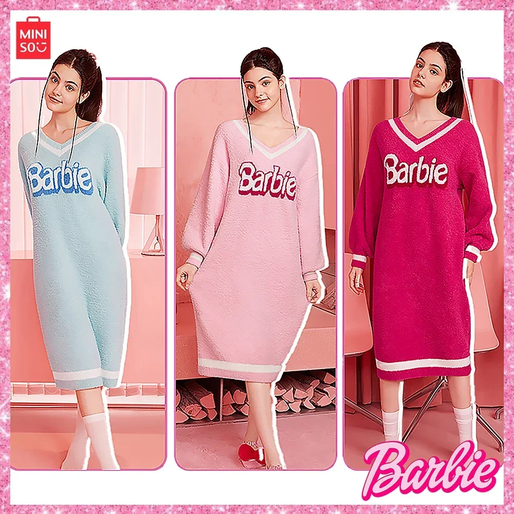 

MINISO 2024 New Jointly Barbie Integrated Style Coral Velvet Sleepwear Dress Half Fleece Warm Home Fur Women's Long Sleeve