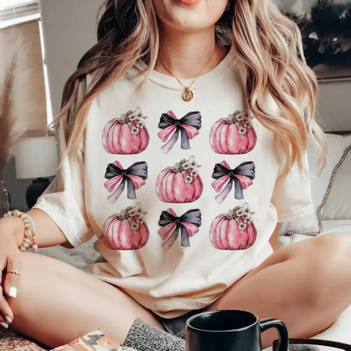 Roze Strik Pompoen Print Schattig Dames Casual Basic T-shirt met ronde hals Korte mouwen Bedrukt T-shirt Dames Patroon Top T-shirt