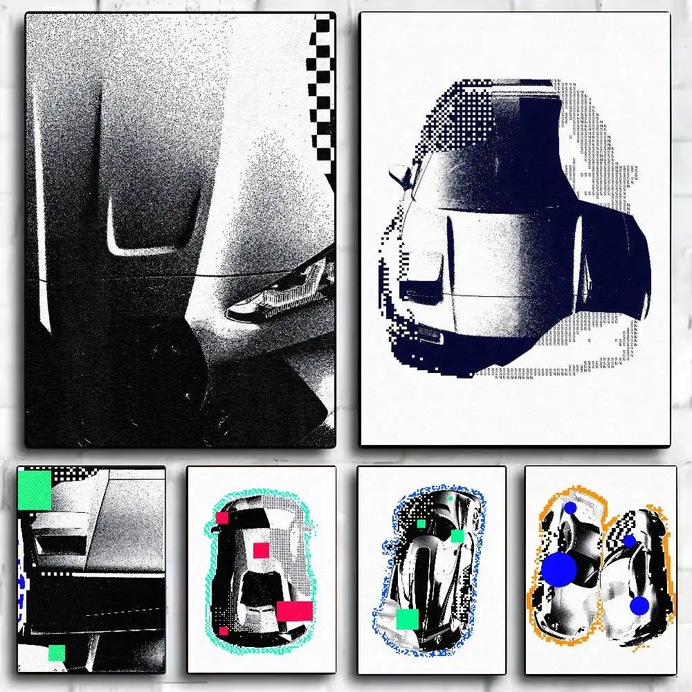 Monochrome Glitch Abstract Race Car Poster Pixel Vehicle Art Print Wall Grunge Style Automobile for Boys Room Decor