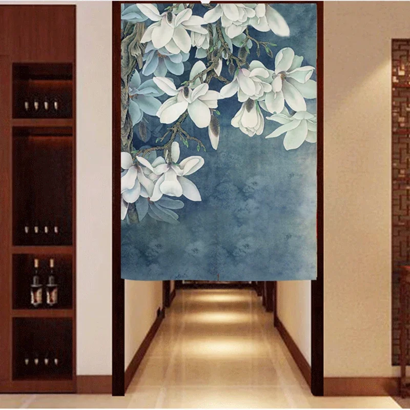 Magnolia Flower Linen Door Curtain Chinese Style Vintage Bedroom Half-Curtain Home Decoration Partition Curtain Bathroom Curtain