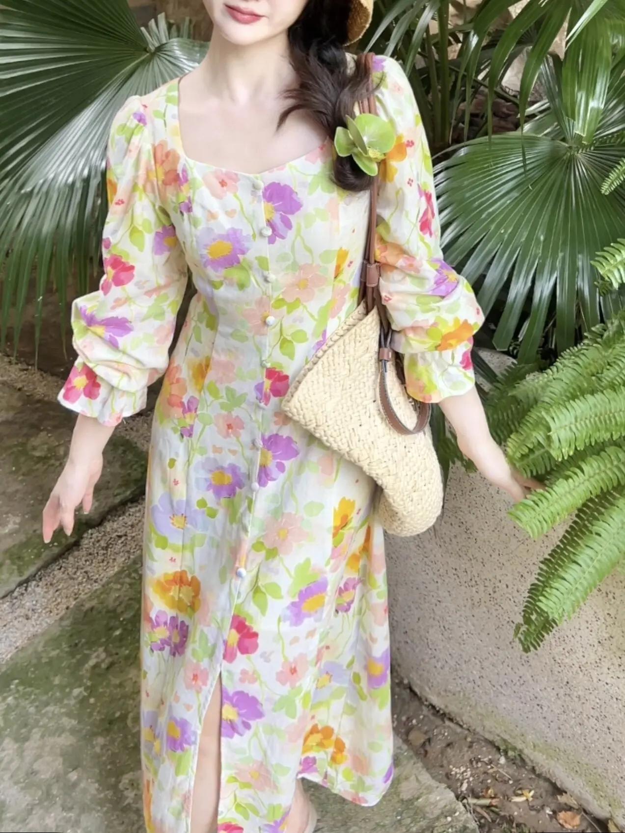 

TIYIHAILEY Linen Spring Autumn Printed Women Dress Full Sleeve Long Mid-Calf Ladies Square Collar Lace Up Dresses 2026 New Slit