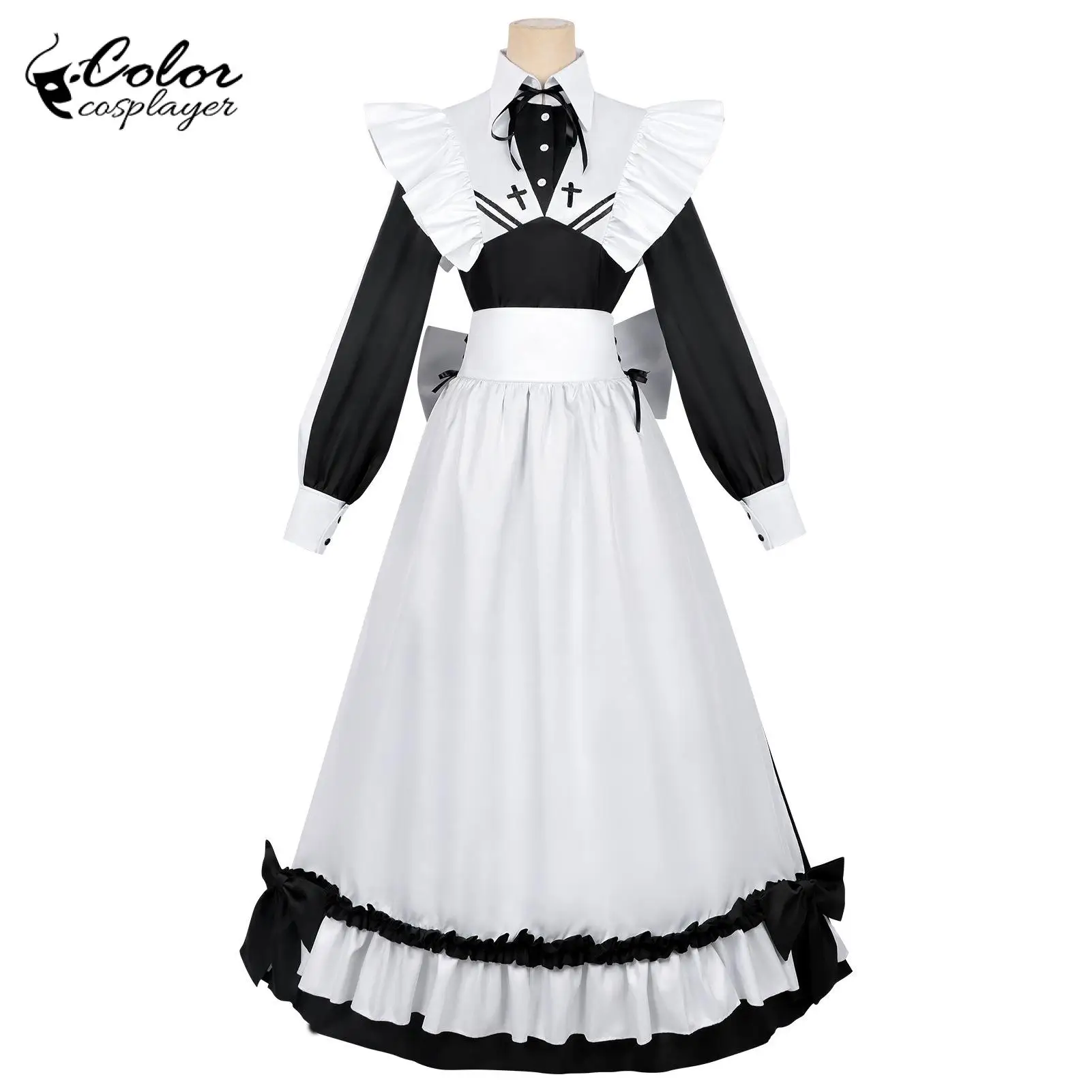 

Japanese Anime Maid Cosplay Costume Women Lolita Black Long Gown with Apron Comic-Con Outfit Bow Tie Dress Festival Wear
