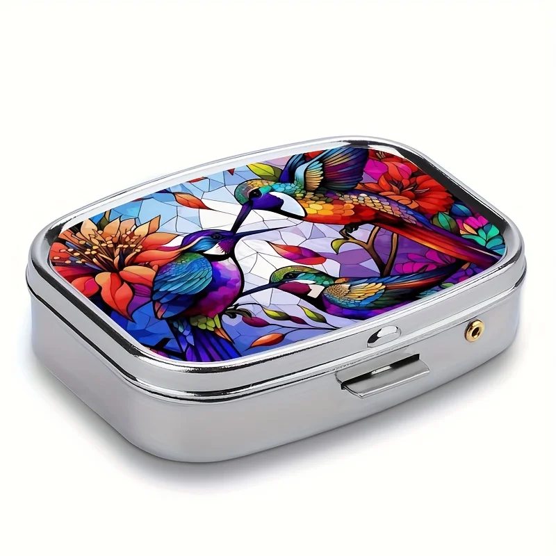 A Three-color Small Hummingbird Medicine Box: A Two-compartment Portable Vitamin and Medicine Box, Metal Travel Accessories