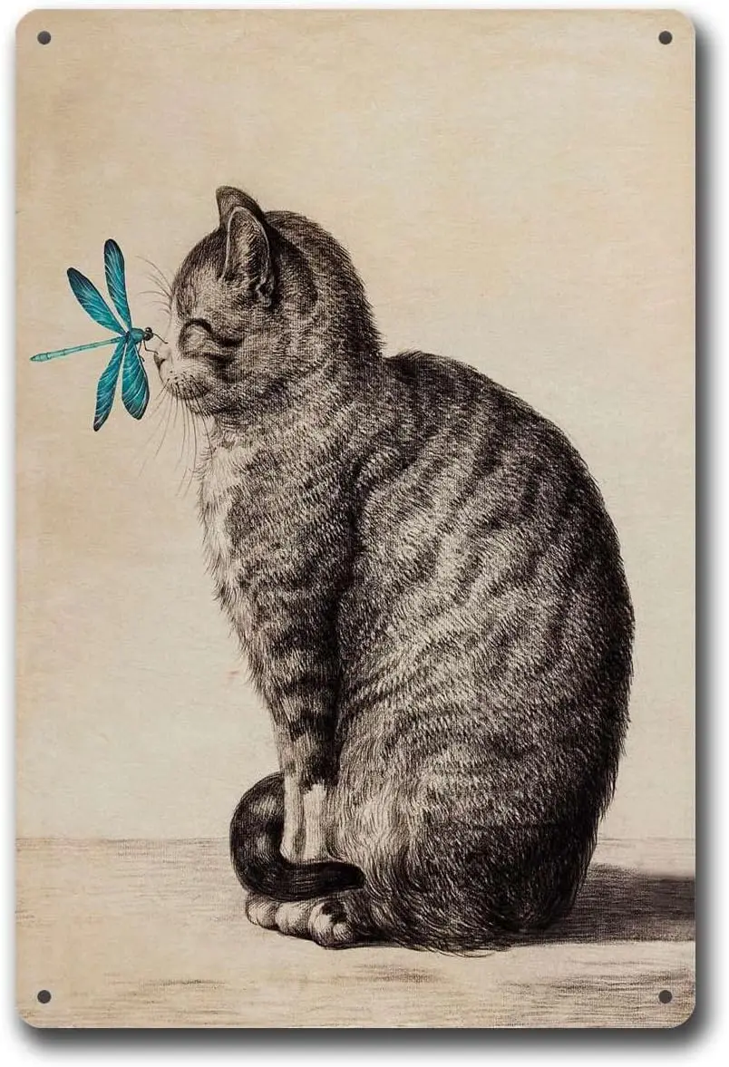 Metal Tin SignsVintage Cat and Dragonfly Gold Sign Sign Vintage Cat Wall Decor Suitable for Outdoor Bar Cafe Home Decoration
