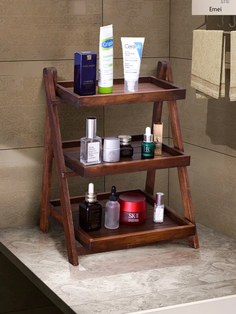 

Foldable Storage Rack Household Countertop Commodity Shelf Solid Wood Multi-Layer Storage Rack