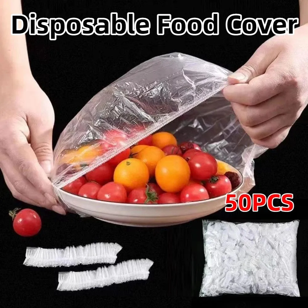 

50Pcs/Pack Clear Disposable Food Cover Plus Size Elastic Band Food Storage Cover Household Fresh-Keeping Disposable Dust Cover