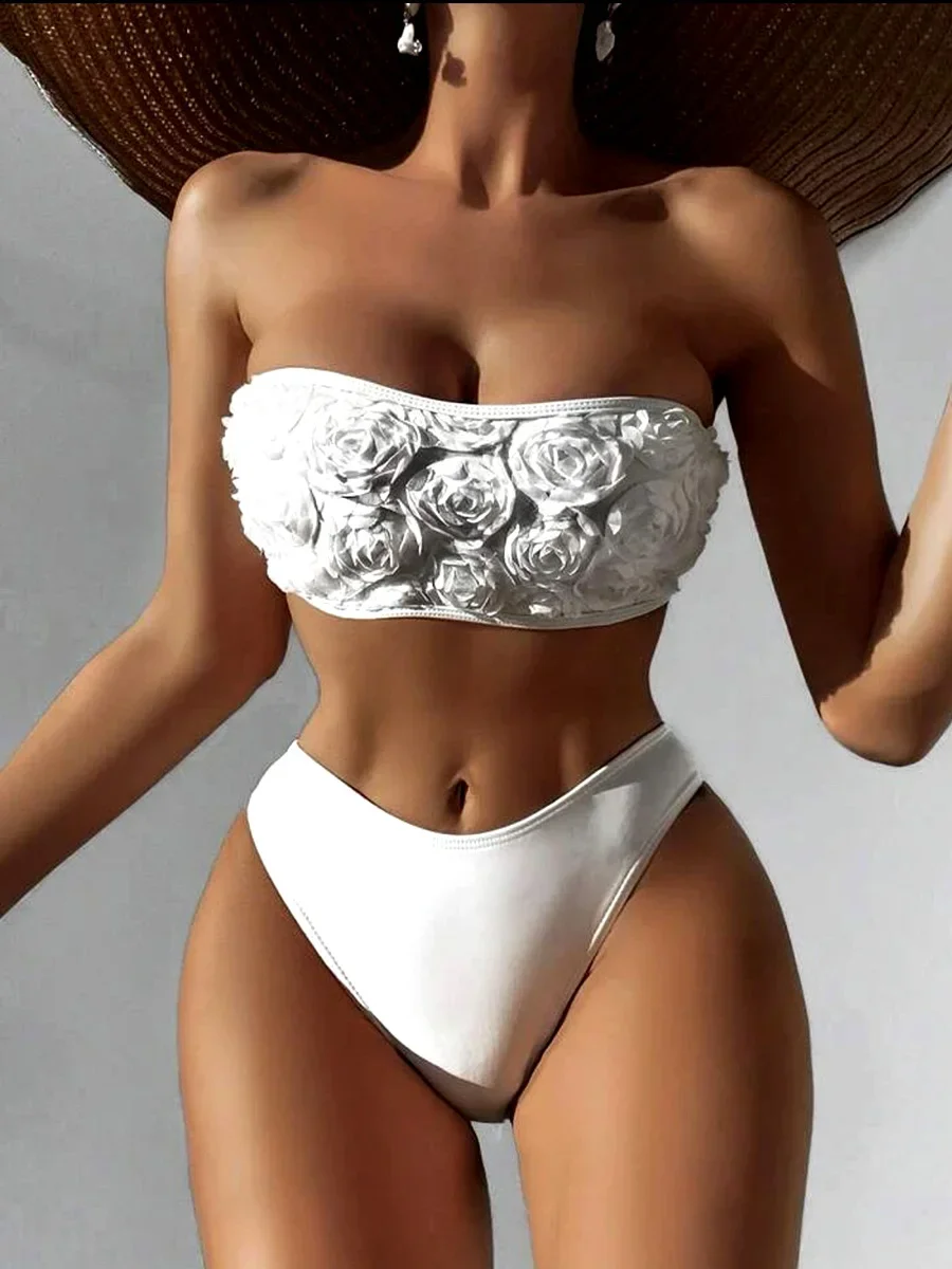 3D Flowers Bandeau Bikinis 2025 Female Swimsuit High Waist Bikini Women Swimwear Two-pieces Bikini Set Bather Bathing Suit Swim