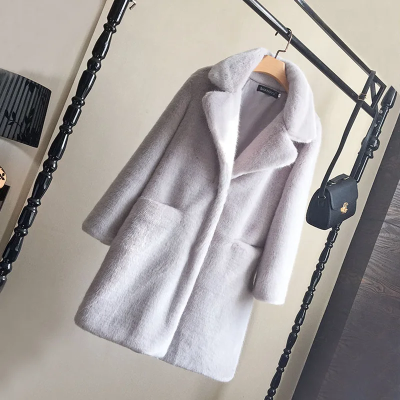 Women's Winter Faux Mink Hair Long Sleeve Loose Coat Lady Streetwear Solid Color Single Breasted Faux Fur Warm Long Outwear