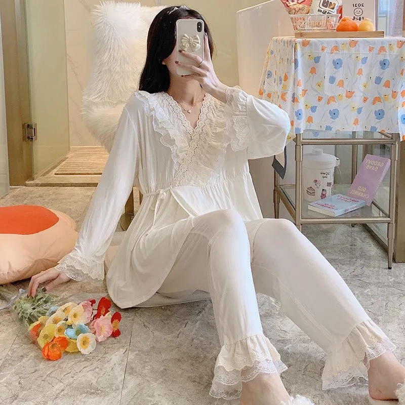 Cotton Maternity Nursing Pajamas Set For Pregnant Women Postpartum Long-Sleeved Lace Home Suits Soft Modal Hospital Nightwear