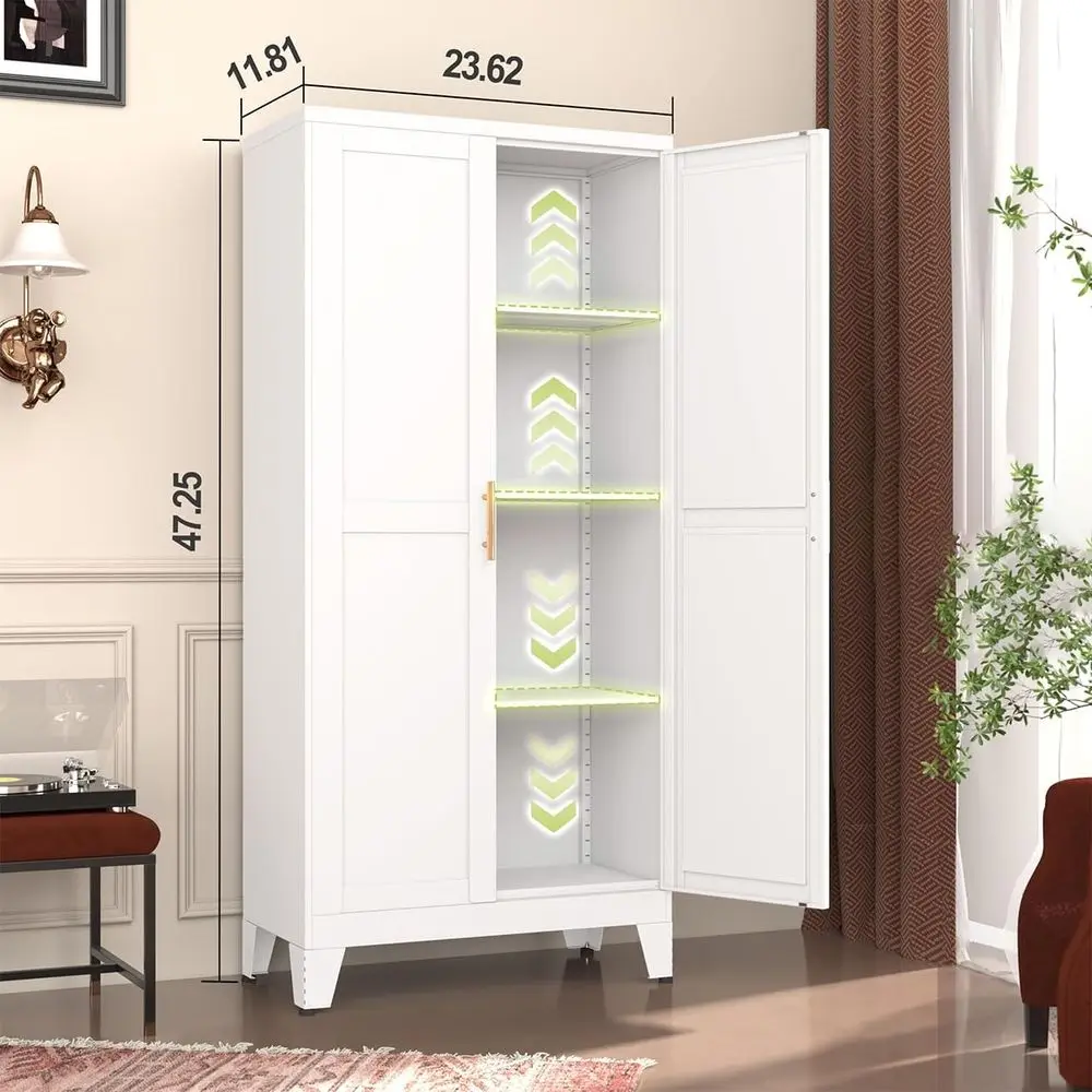 Metal Pantry Cabinet, Kitchen Pantry Storage Cabiwith 2 Door and 3 Adjustable Shelves, White Kitchen Pantry Cabinet, reestanding