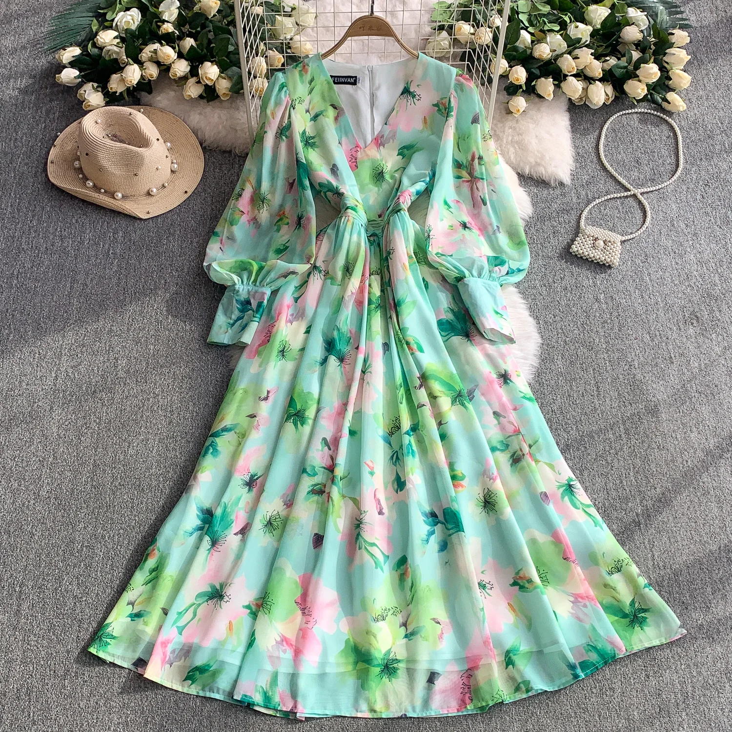 

Elegant Vintage V-Neck print chiffon mesh A-line French Evening Women Beach Long dress High Street Clothing dresses