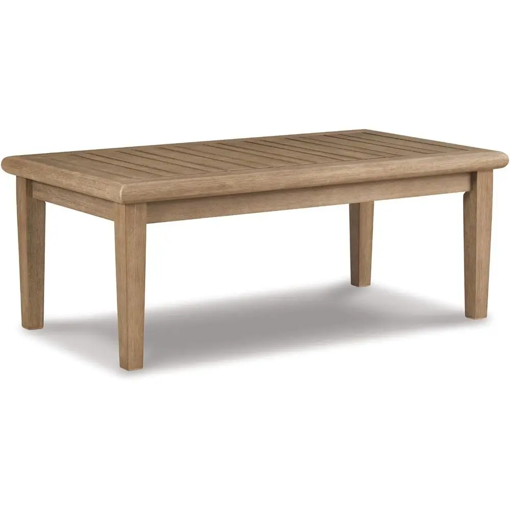 

Elegant Eucalyptus Outdoor Cocktail Table, 50W x 26D x 18.63H, Beige, Slatted for Rainwater