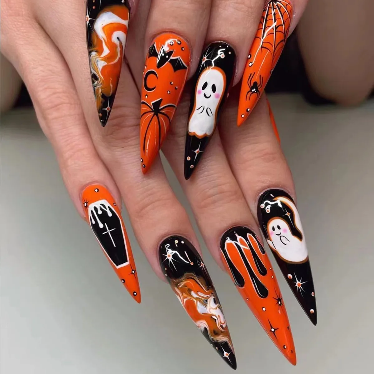 

24pcs Halloween Long Stiletto Nails Sets Press on Ghost Almond False Nails Art Detachable Spider web Design Fake Nail Tips