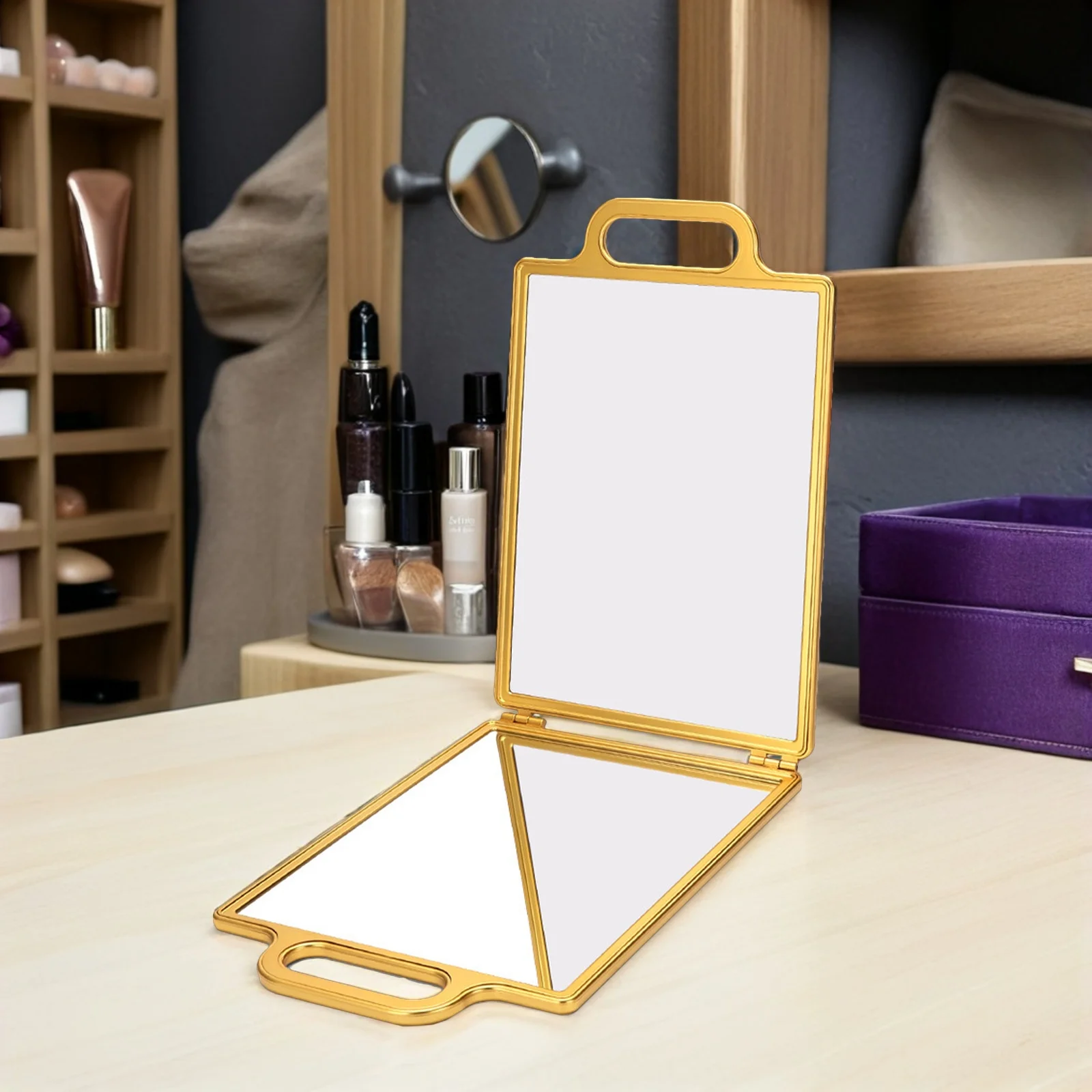 Espejo plegable para corte de pelo, espejo de maquillaje portátil de doble cara para peluquero, herramienta de estilismo de salón dorado, corte de pelo automático, vista de cabeza trasera