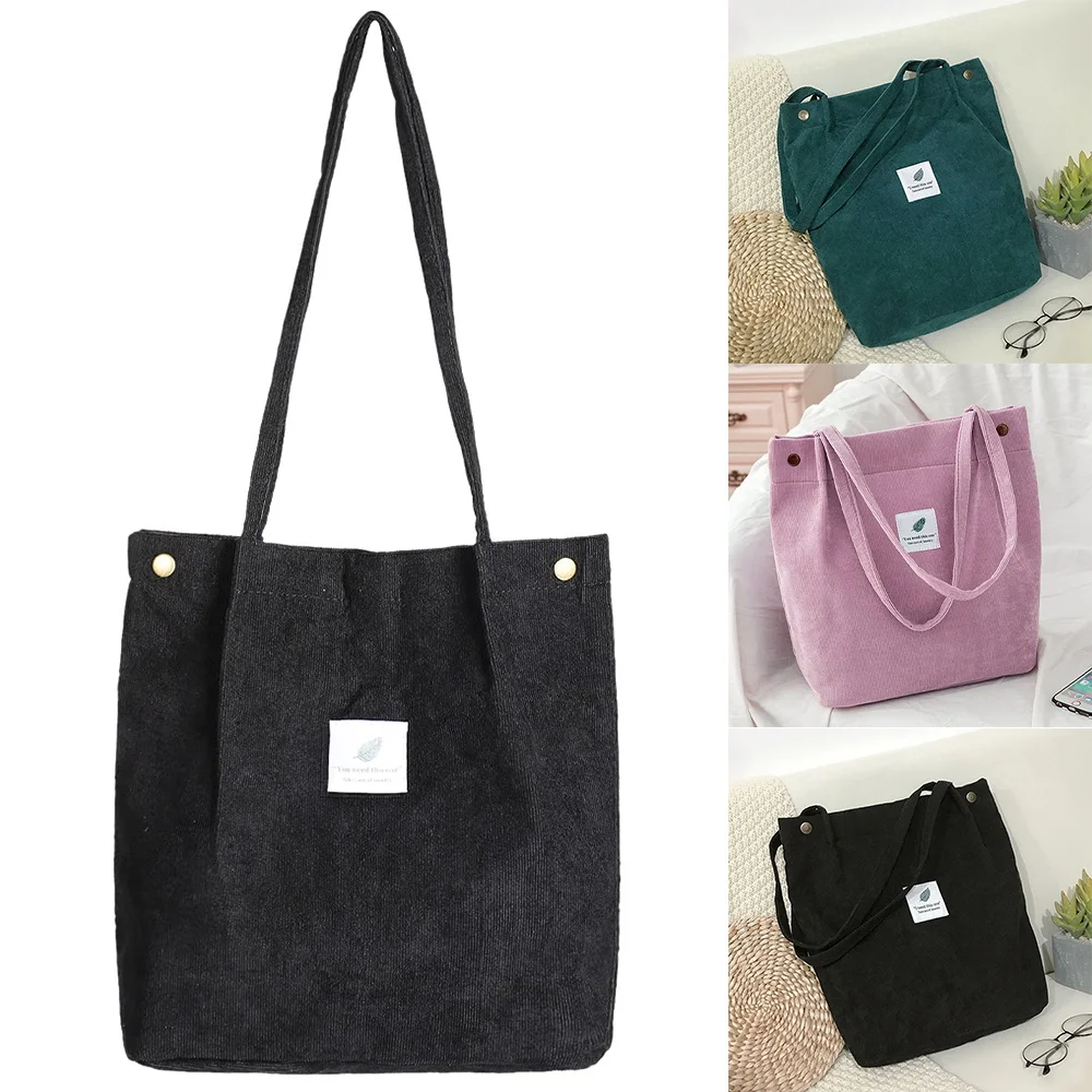 

Women Corduroy Shoulder Bag Reusable Shopping Bags Female Casual Tote Soft Female Handbag with Button Environmental Organizer