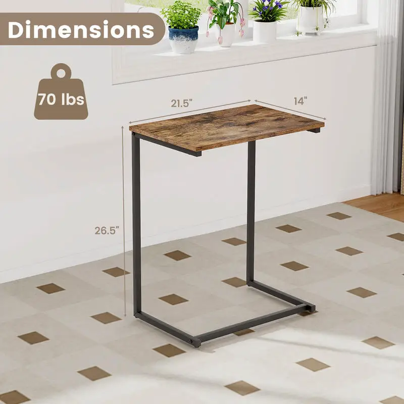 C Shaped Side Table, Industrial Sofa End Table With Heavy Duty Metal Frame And Particleboard Top, Adjustable Feet For Stability, Slim Nesting Nightstand For Living Room Bedroom Office, Black