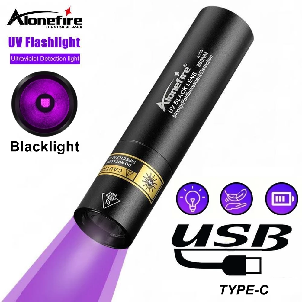 365nm UV Blacklight High Bright Flashlight Rechargeable Mini Torch Nails Resin Pet Urine Cat Tinea Money Ore Scorpion Check Lamp