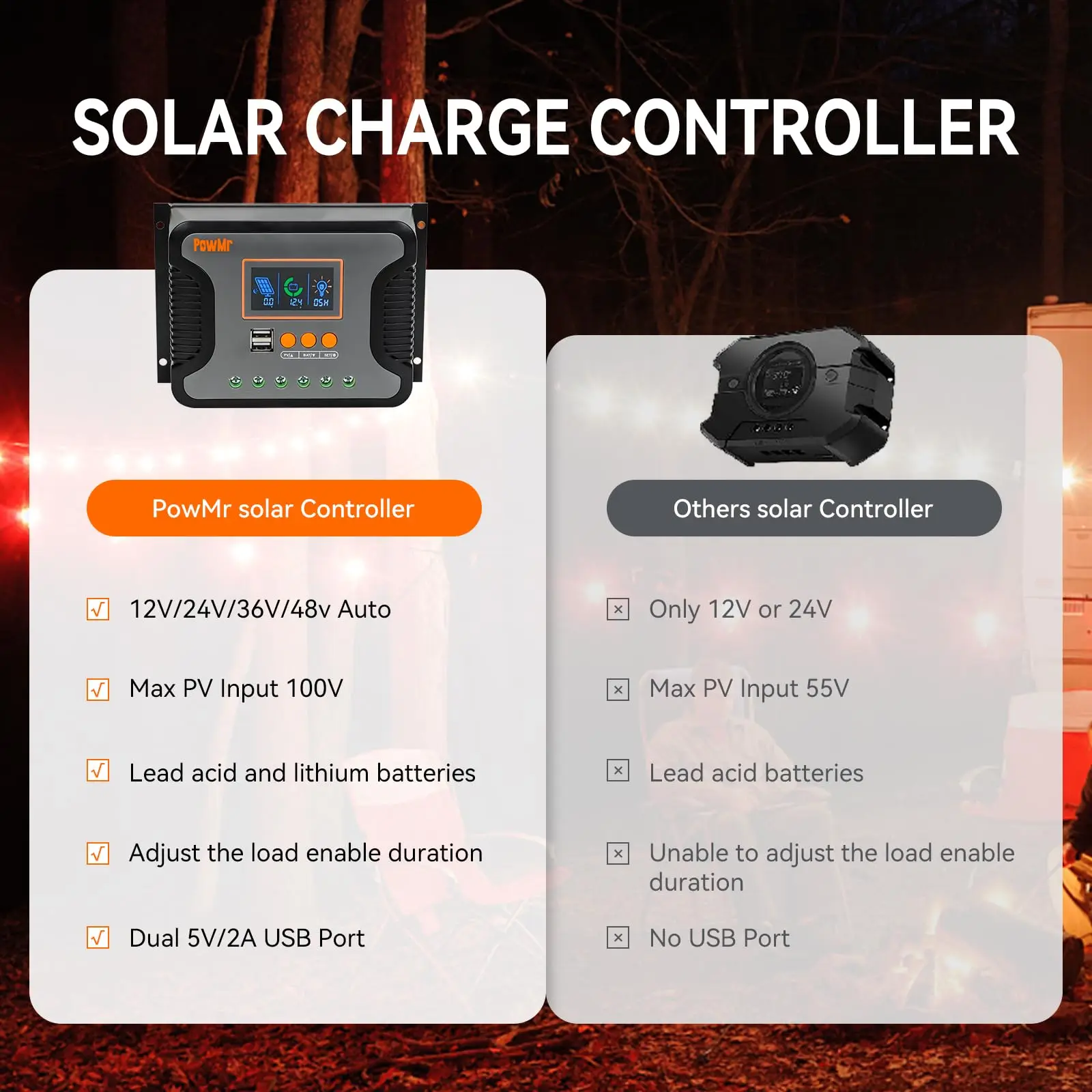 PowMr had 30A 60A 80A Solar Charge Controller for 12V 24V 36V 48V Battery With LED Screen USB 5V 2A PV V V out put Work Sliently