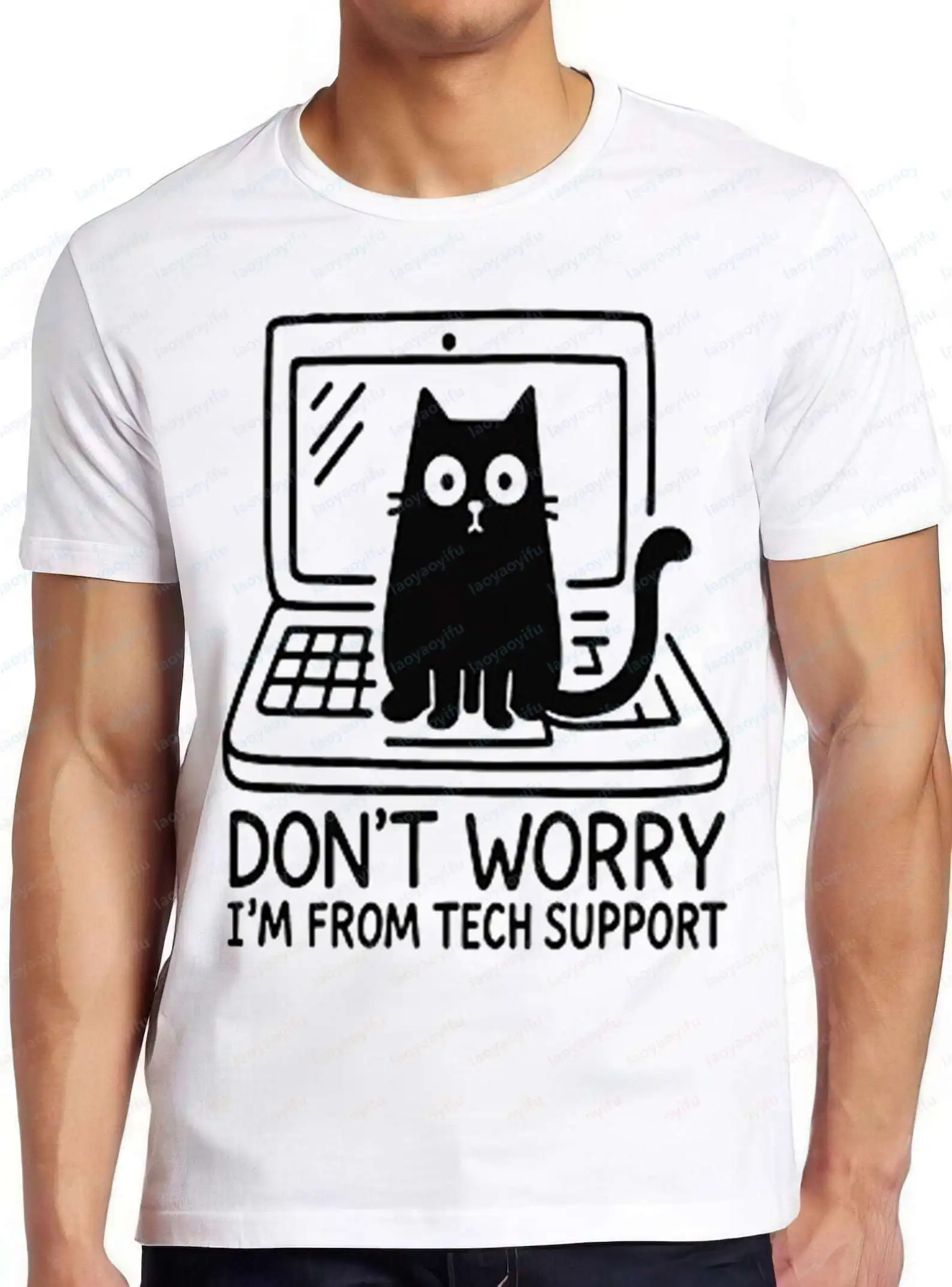 Cute Cat Don't Worry I'm From Tech Support Funny Meme Tshirt Casual Fashion Loose Harajuku Minimalism Style T Shirt Man Tees