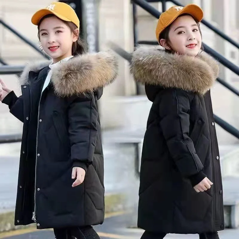 Girls Winter Outerwear Casual Cotton Fur Collar Hooded Clothes Kids Thicken Warm Parkas Children Solid Colour Fashion Jackets