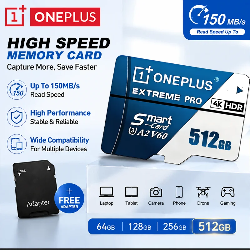 OnePlus 2TB High-Speed V30 A2 U3 4K SD Card 512GB 256GB Memory Card 1TB Micro TF SD Adapter for Smart Phone/Tablet/PC Cross-Use